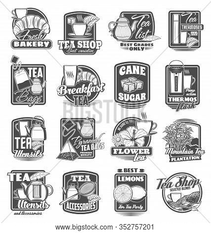 Tea Shop And Bakery Croissant Dessert, Vector Icons. Herbal And Flower Mountain Tea Leaf, Teabgs And
