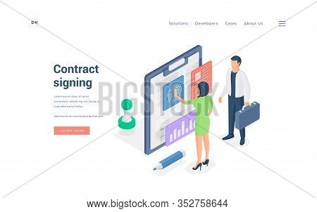 Business People Signing Contract Online. Isometric Vector Illustration