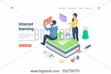Man And Woman Studying In Internet. Isometric Vector Illustration