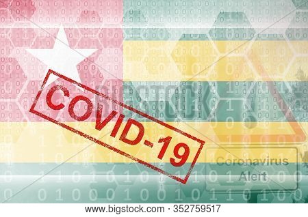 Togo Flag And Futuristic Digital Abstract Composition With Covid-19 Stamp. Coronavirus Outbreak Conc
