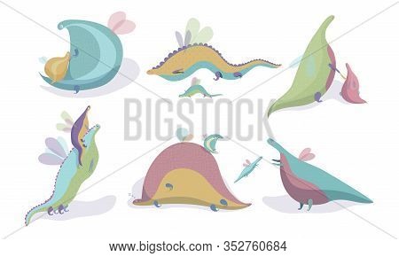 Fairy Dragons With Small Wings Playing With Their Cubs Vector Set