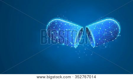 Opened Medical Capsule. Antibiotic Or Probiotic Pill, Illness Treatment Or Prophylactic. Low Poly, W