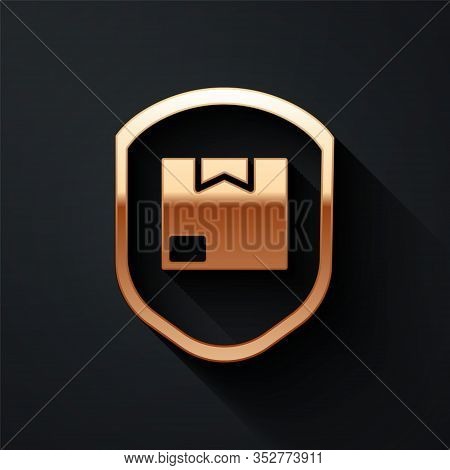 Gold Delivery Pack Security With Shield Icon Isolated On Black Background. Delivery Insurance. Insur