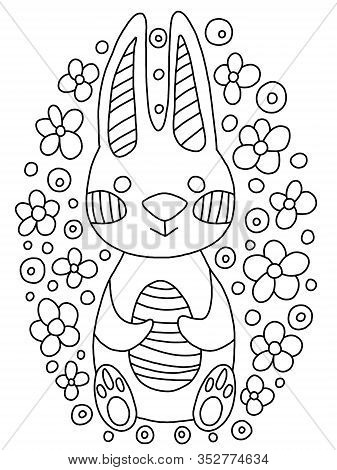 Funny Simple Easter Bunny With Blossom Spring Flowers Coloring Page For Kids. Cute Shy Little Rabbit