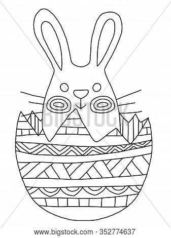 Easter Funny Bunny Coloring Page For Adults And Kids. Rabbit Sits In The Half Of A Painted Easter Eg
