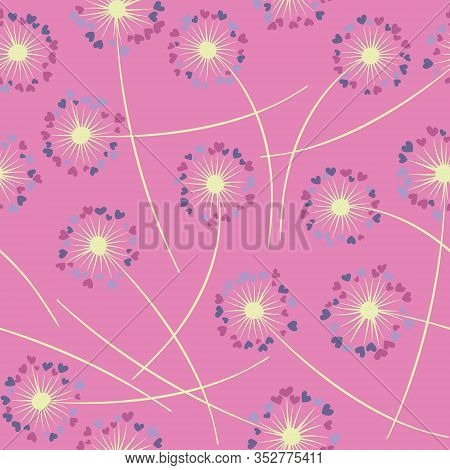 Cute Dandelion Blowing Vector Floral Seamless Pattern. Cute Flowers With Heart Shaped Fluff Flying. 