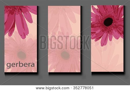 Set Of Templates, Banners, Business Cards, Posters. Pink Flowers, Gerberas On A Dark Background. Bac
