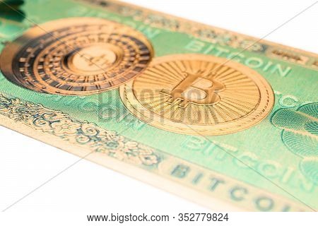 Bitcoin Exchange. Gold Cryptocash On White. Litecoin, Ethereum Cryptocurrency Background.