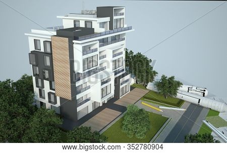 3D rendering of a modern appartment building with garden and bluepriints and mortgage application forms on the background