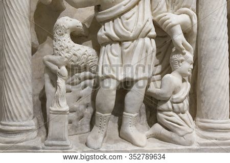 Cordoba, Spain - Dec 7th, 2018: Binding Of Isaac Scene At Gravestone Of Bishop Lampadius, 599 Ac. Co