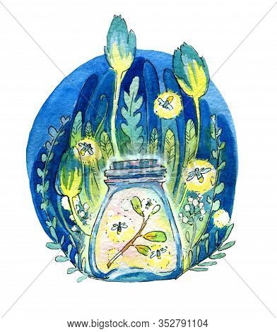 The Magic Jar. Luminous Jar With Fireflies, Lights, Night And Magic Against The Background Of The Fo