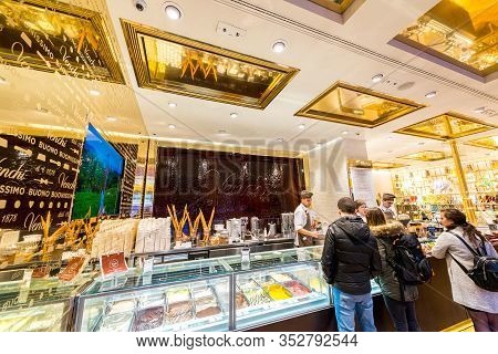 Florence, Italy - 12, March, 2018: Wide Angle Picture Of Interior Of Venchi Store, A Tradiditonal It