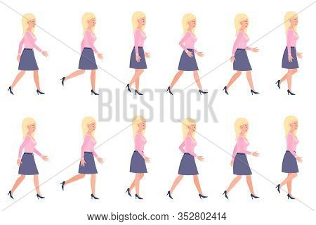 Young, Adult Woman Walking Sequence Poses Vector Illustration. Moving Forward, Fast, Slow Going Pers