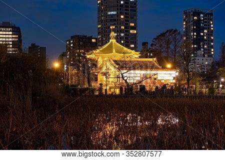 Tokyo, Japan - Jan 19, 2020: Shinobazunoike Bentendo Temple At Night Under The Light Of Lanterns.