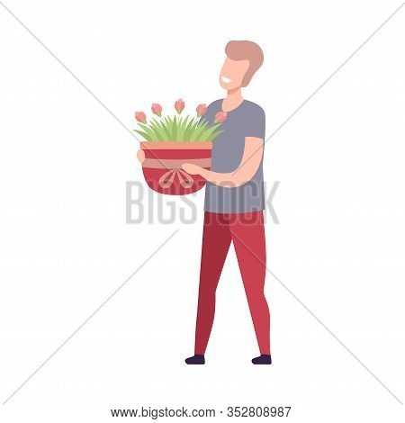 Young Man Holding Pot With Blooming Flowers Flat Vector Illustration