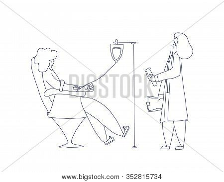Blood Donation Concept. Young Woman Character Sitting In A Chair And Female Doctor Standing With Doc