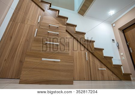 Modern Architecture Interior With Luxury Hallway With Glossy Wooden Stairs In Multi-storey House. Cu