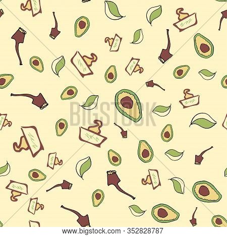 Avacado, Cosmetics Face Cream, On A Yellow Background, Cute Doodle Seamless Pattern, For Fabric