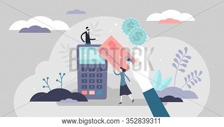 Payment Transaction Process Concept, Flat Tiny Person Vector Illustration. Merchant Bank Terminal An