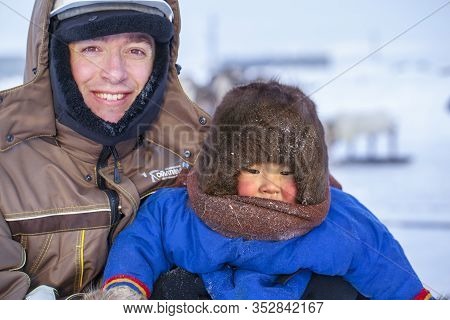Nadym, Russia - February 23, 2020: The Extreme North, Yamal Peninsula, Prospector With The Indigenou