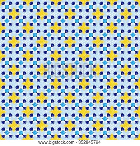 Blue And Yellow Vector Geometric Sketch Seamless Pattern