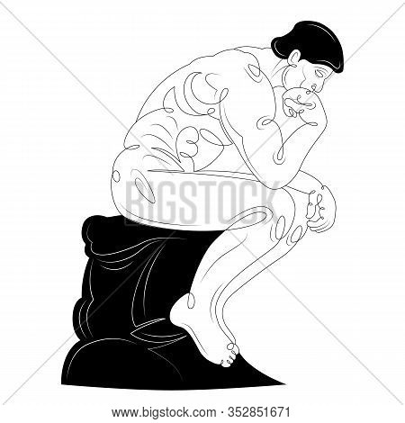 A Brunette Man Is Sitting In A Pose Of A Thinker. Character Cartoon Flat Isolated Colored Drawing Sk