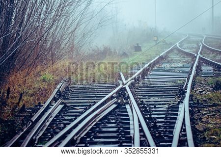 Railroad Track Switches Disappearing In Mist And Bushes In Foggy Morning