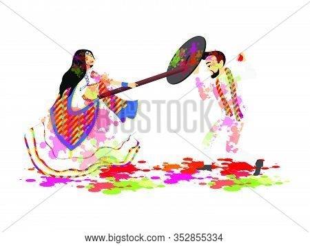 Illustration Of Man And Woman Celebrating Lathmar Holi Festival Of India.festival Of Colors.