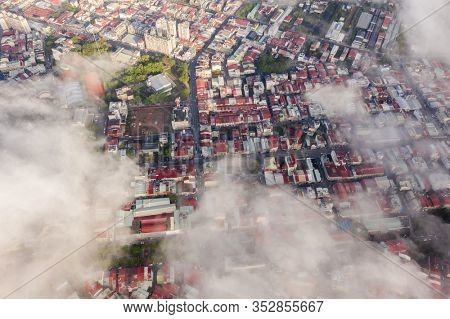 Puli, Nantou - Jan 2nd, 2020: aerial view of Puli cityscape with clouds over the city, Nantou county, Taiwan