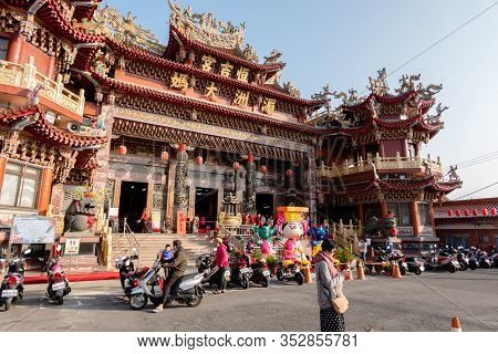 Nantou, Taiwan - Feb 1st, 2020: Puli Heng Ji Gong Matsu Temple with lantern over sky at Puli, Nantou, Taiwan, Asia