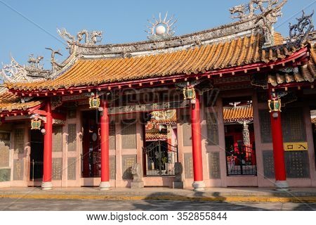 Nantou, Taiwan - Feb 1st, 2020: Puli Heng Ji Gong Matsu Temple with lantern over sky at Puli, Nantou, Taiwan, Asia