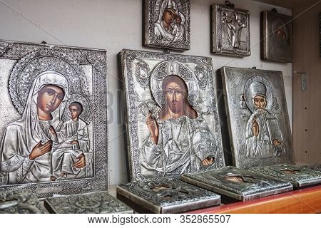 Orthodox Icons In Silver Frames At The Monastery Shop, Meteora, Greece