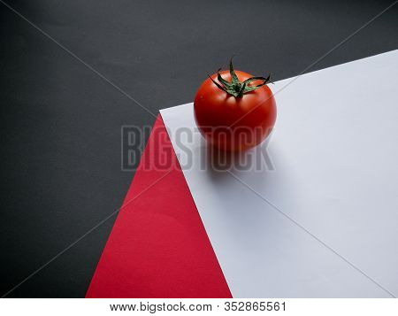 Red Tomato Ingredients Isolated On Colored Background. Seasonal Vegetables In Modern Style. Copy Spa