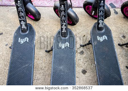 Los Angeles/usa- 02.02.2020 :    Many Rental Electric Sccoter On The Sidewalk  Lyft