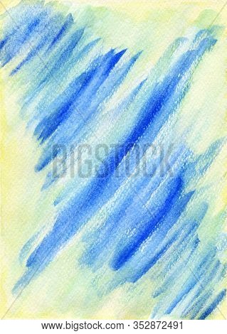 Abstract Watercolor With Blue Stroks On A Yellow Background. Concept Sea Wave.