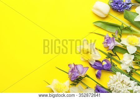 Flat Lay Composition With Spring Flowers On Yellow Background. Space For Text