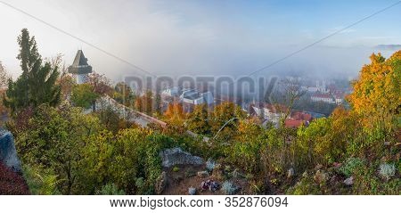 Colorful Autumn Colors, Bright Blue Sky In The Park And Eggenberg Palace In Graz, Styria Region, Aus