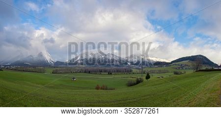 Panoramic View Of Snow Covered Grimming Mountain In Ennstal, Steiermark, Austria