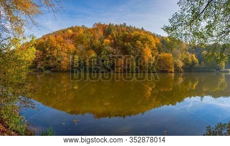 Autumn Morning At Lake Thal Near Graz, Styria Region, Austria. Panoramic View.