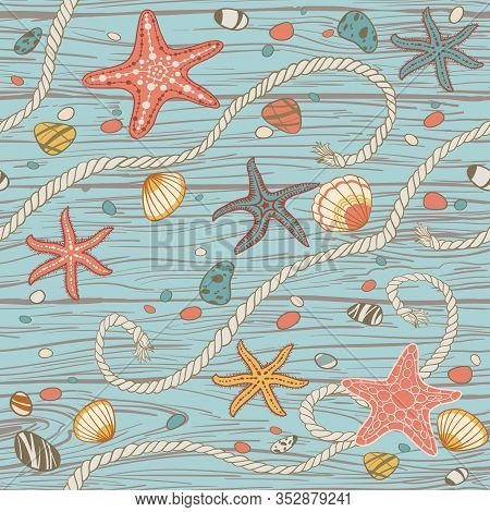 Hand Drawn Seastars, Rope, Seastones And Seashells On Wooden Background. Vector Marine Seamless Patt