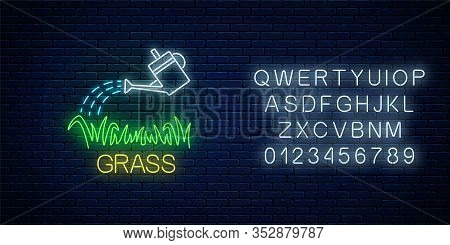 Neon Sign Of Watering Can And Plot Of Grass With Alphabet. Lawn Irrigation Concept In Neon Style.
