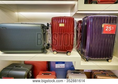 HONG KONG, CHINA - JANUARY 23, 2019: luggage on display at Samsonite store at New Town Plaza shopping mall in Sha Tin.