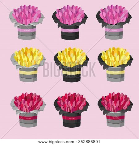Vector Set Of Images For The Flower Shop. Bouquets Of Flowers In  Gray And Black Pots. Pink, Red, Ye