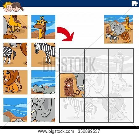 Cartoon Illustration Of Educational Jigsaw Puzzle Game For Children With Wild Animals Comic Characte