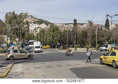 02/26/220. City Of Athens, Greece. Modern View Of Vasileos Constantinou Avenue, Cars, Motorcycles An