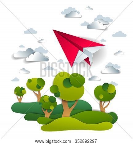 Origami Paper Plane Toy Flying In The Sky Over Meadows And Trees, Perfect Vector Illustration Of Sce