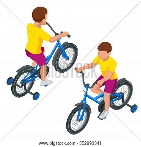 Isolated Icon Of Isometric Kids Bicycle Of Child Boy On Bicycle On White Background.