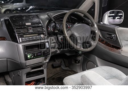 Novosibirsk, Russia - January 31, 2020:  Nissan Presage,  Car Interior - Steering Wheel, Shift Lever