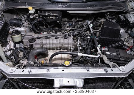 Novosibirsk, Russia - January 31, 2020:  Nissan Presage,  Close Up Detail Of  Car Engine, Front View