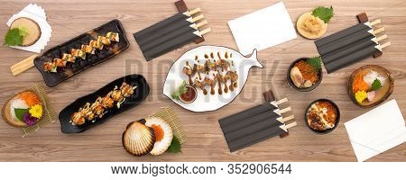Japanese Food Maki Roll , Foie Gras Don, Sushi Wagyu, Maisen Cheese Ball, Ikura Menu Set Dinner Meal